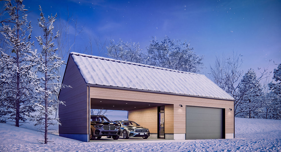 雪景色の中に建つ独立型ガレージ VAULT
