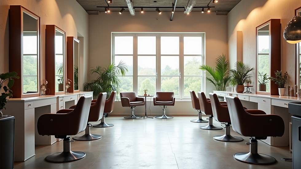 Vue en plan rapproché d’un salon de coiffure moderne avec fauteuils design et éclairage naturel