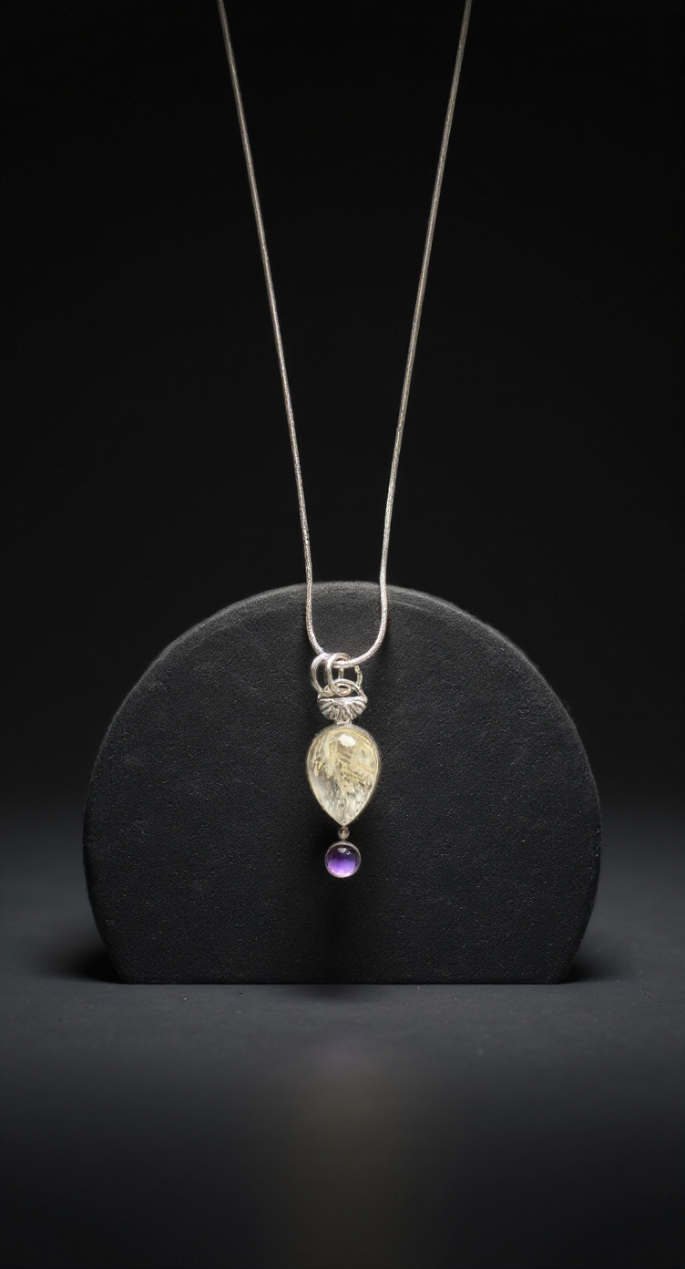 Gold Rutilated Quartz and Amethyst Recycled Silver Necklace