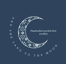 Company logo. A crescent moon with And She Sang To The Moon wrapped around it.