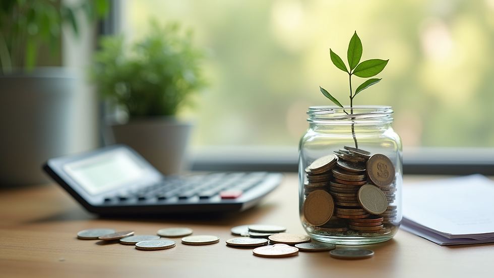 Close-up view of a retirement savings jar with coins and a calculator