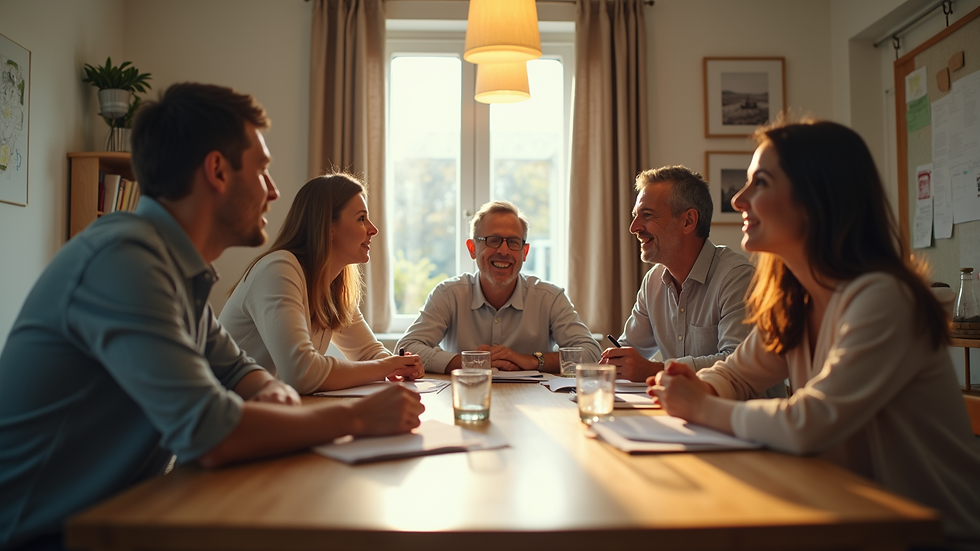 Eye-level view of a family gathered around a dining table discussing finances