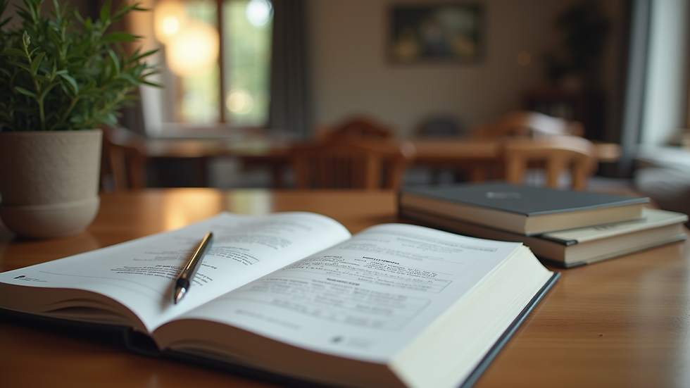 Eye-level view of a cozy home office with a financial planning book on the desk