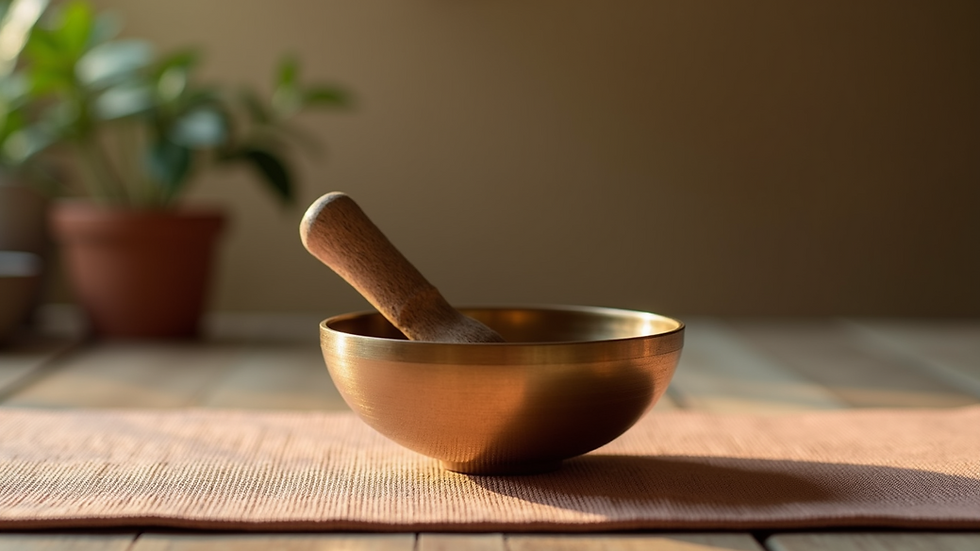 Close-up view of a singing bowl on a yoga mat