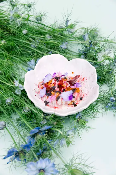 Sustainable beetroot and rose sorbet, a refreshing and elegant dessert featuring vibrant flavors, ideal for luxury dining experiences and special occasions.