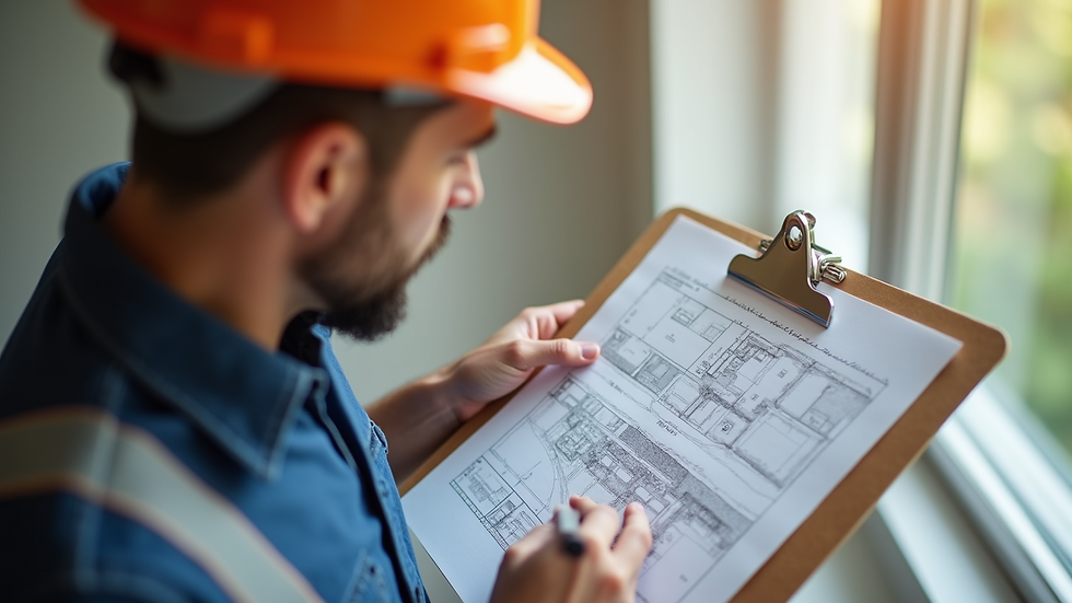 Close-up view of a contractor reviewing renovation plans on a clipboard