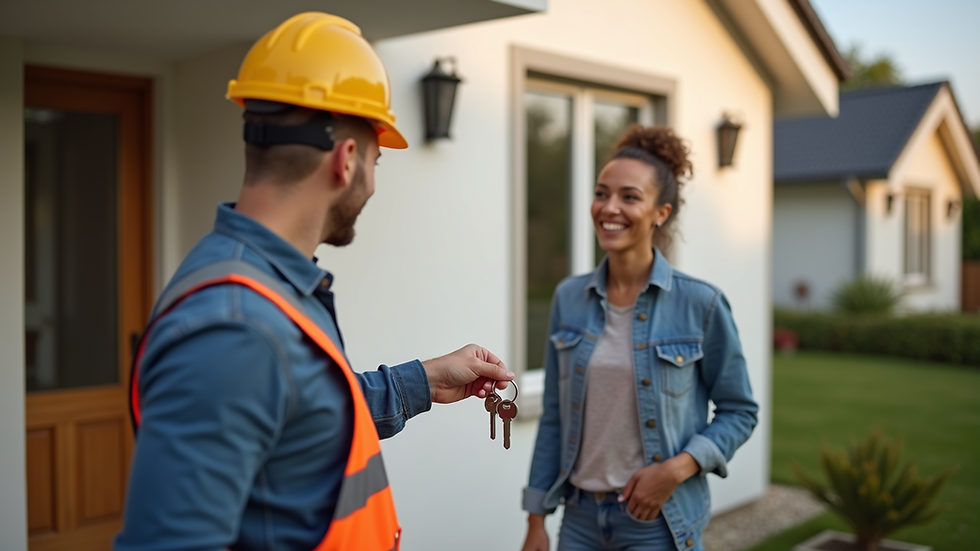 High angle view of a contractor handing over house keys to a smiling homeowner