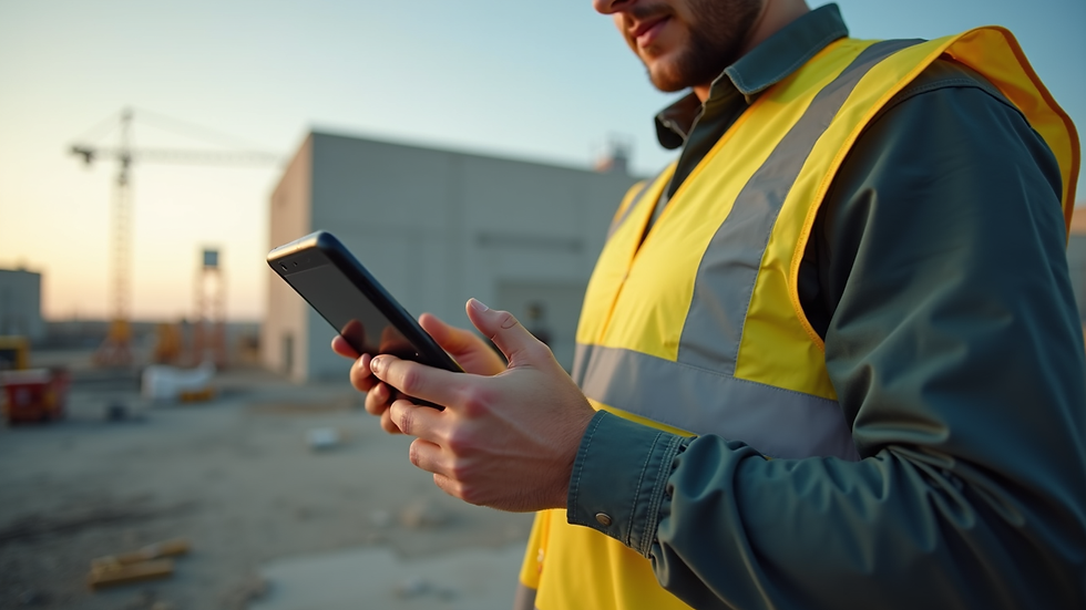 Close-up view of a contractor using a tablet on a construction site