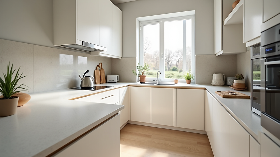 Wide angle view of a bright kitchen with new cabinets and countertops