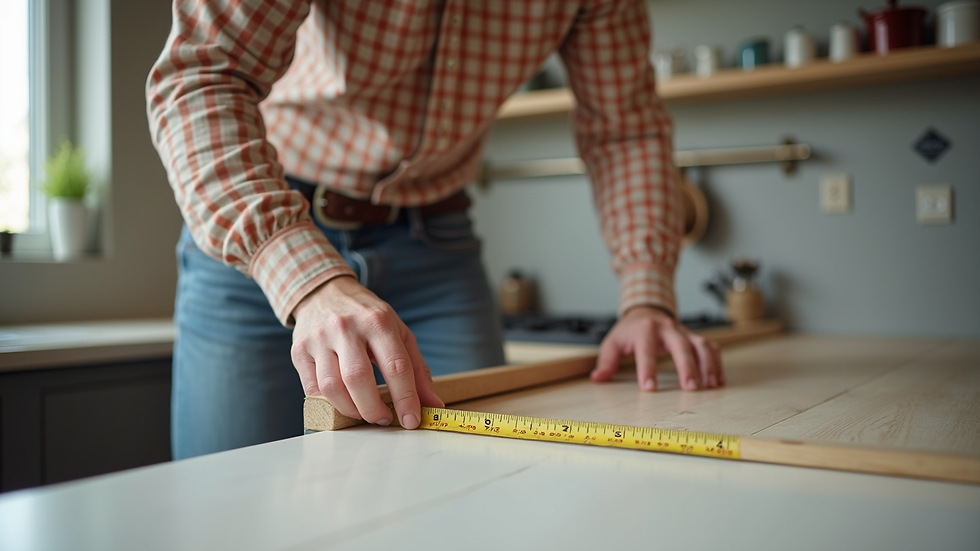 Close-up view of contractor measuring kitchen countertop