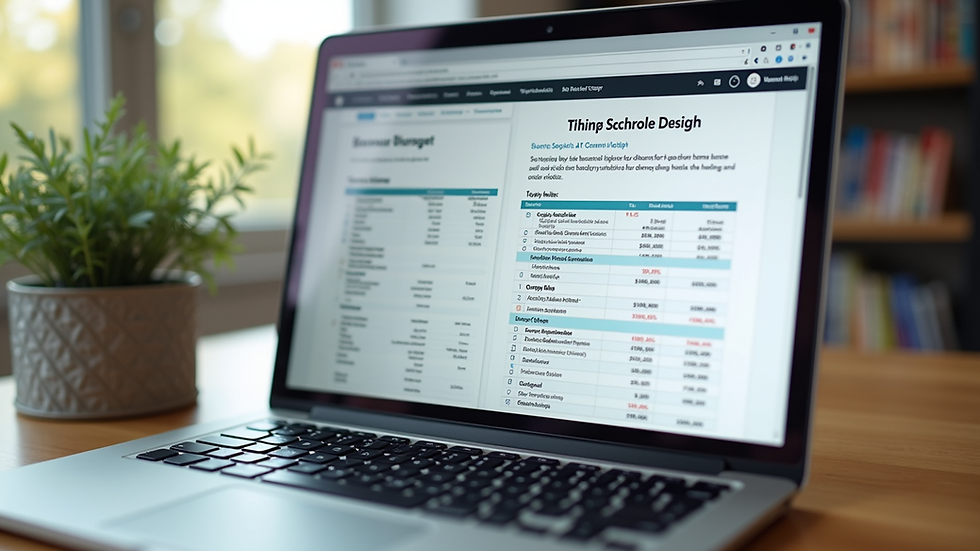 Eye-level view of a laptop screen showing a home renovation budgeting spreadsheet