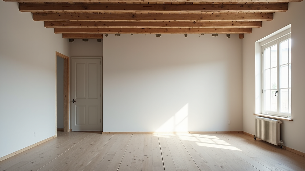 Eye-level view of a partially renovated living room with exposed beams and new drywall