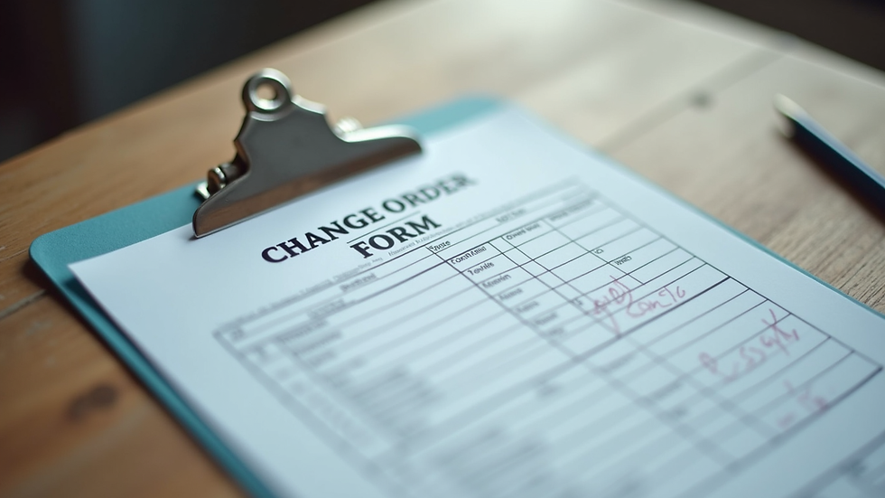 Close-up view of a signed change order form on a clipboard