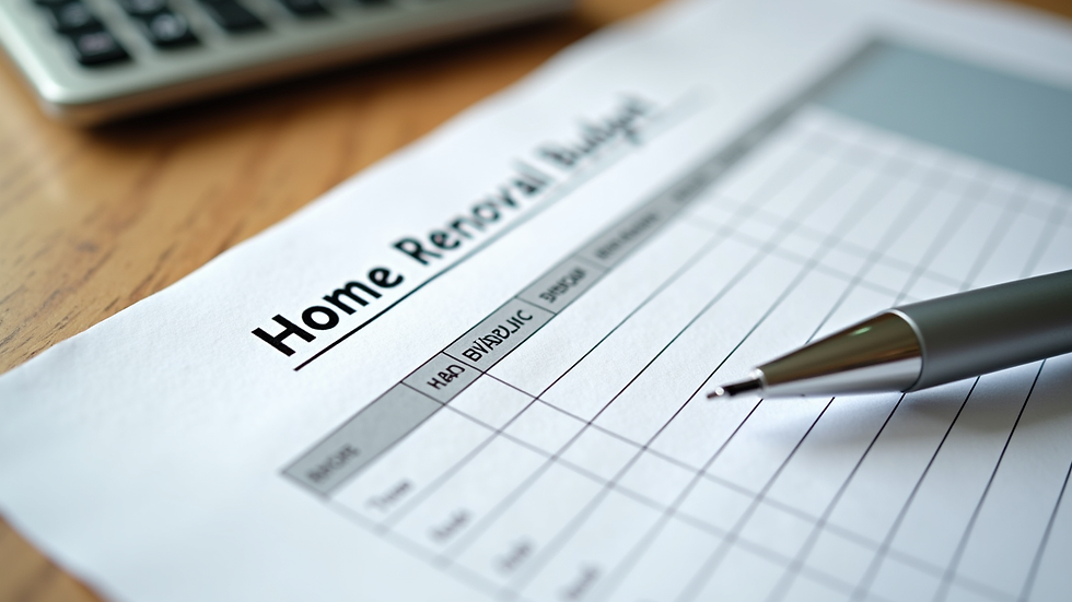 Close-up view of a printed home renovation budget worksheet with pen