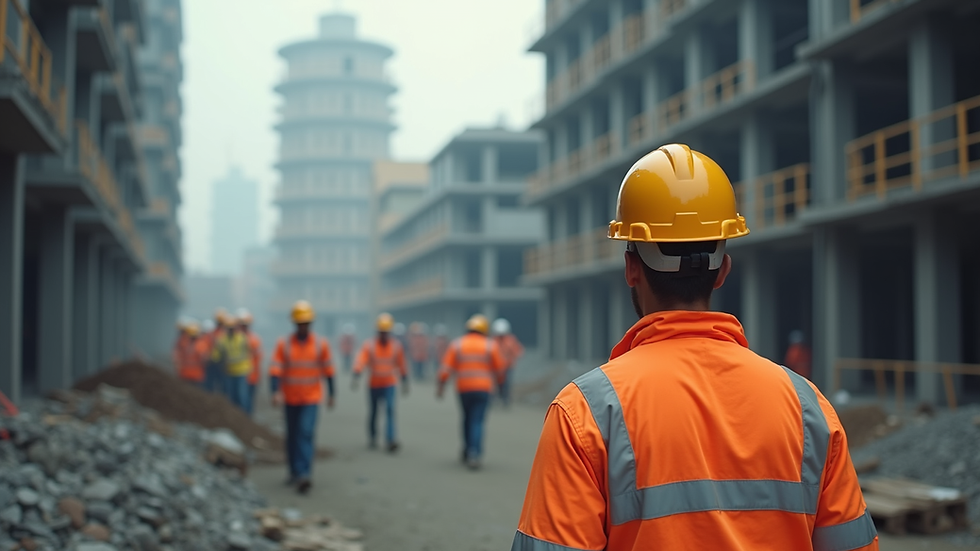 Eye-level view of a construction site with workers wearing safety gear