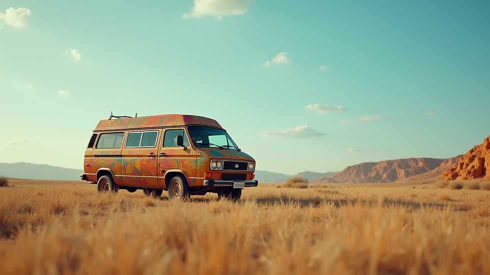 Eye-level view of a colorful Jesus Van parked in a serene landscape