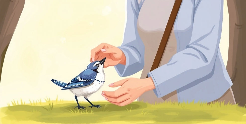 Human intervention - even well meaning, can disrupt the natural growth and spirit of fledgling birds like Blue Jays