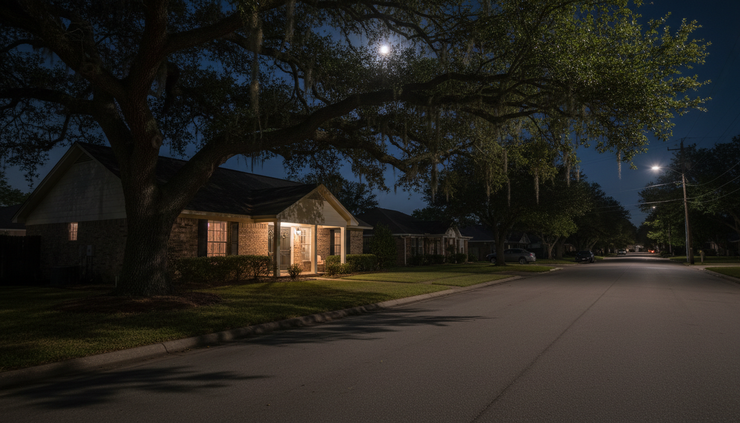 Eye-level view of a suburban home at night with porch lights turned off and warm indoor curtains closed.