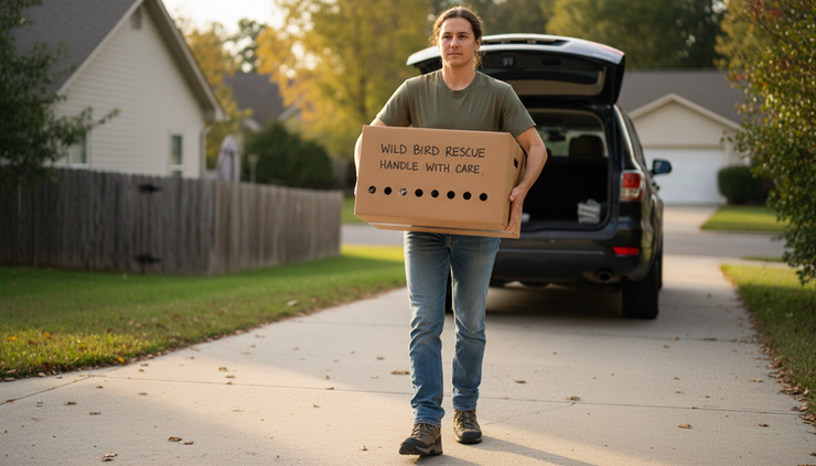 Eye-level view of a volunteer carrying a closed cardboard bird rescue box to a parked car