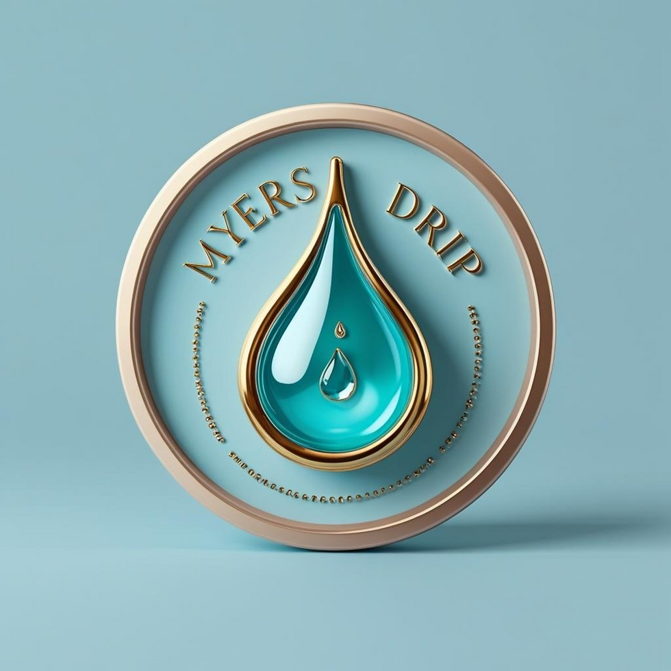 Gold framed logo with turquoise Myers Drip text and water drop by Blue Aura Wellness. Also known as "The Atlantis" drip.