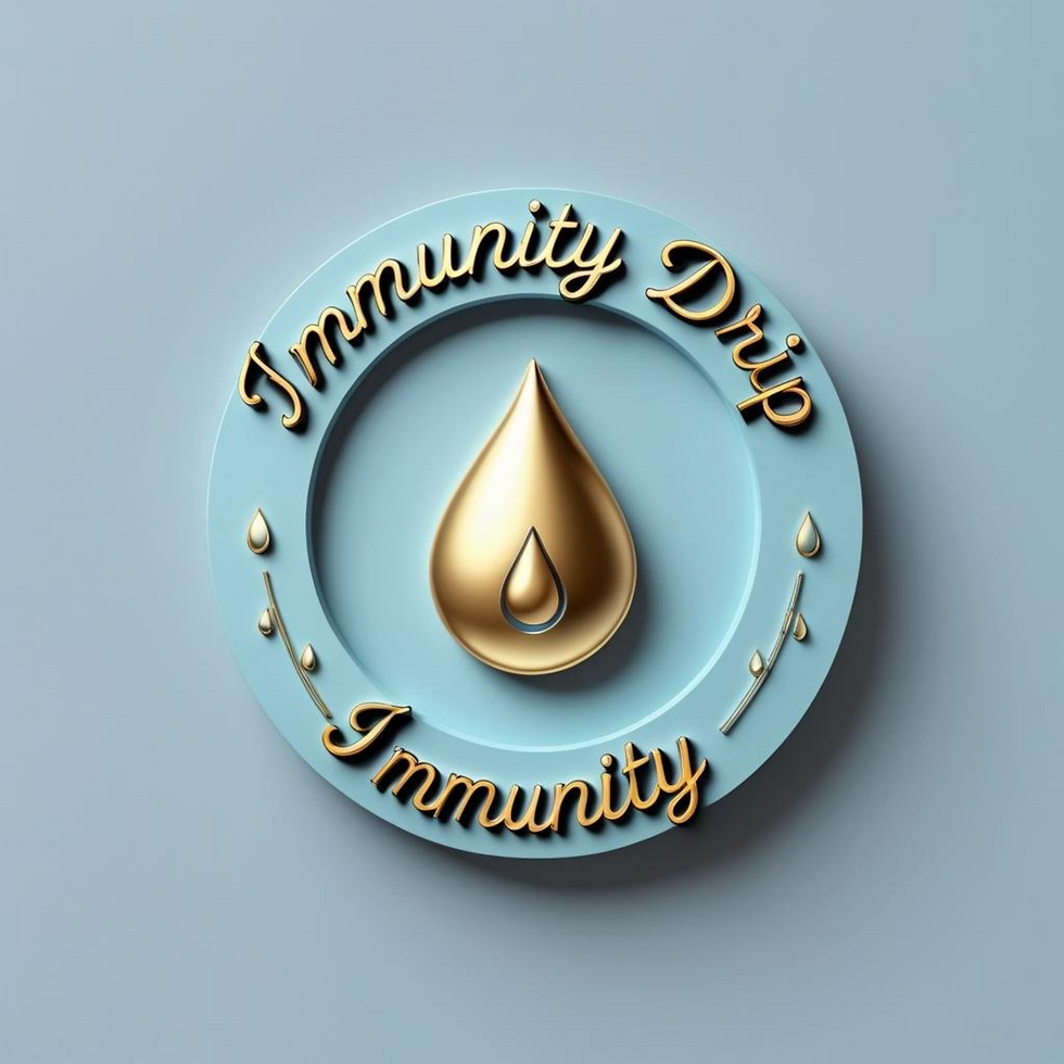 Gold Immunity Drip logo with text. Immunity Drip promotes Blue Aura Wellness. Additional text labeled "The Haven" drip.