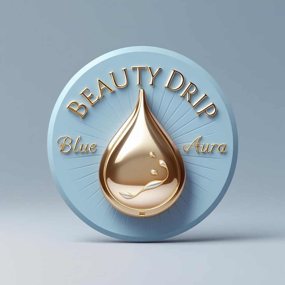 Gold beauty drip logo with the words Beauty Drip Blue Aura Wellness. Also known as "The Halo" drip.