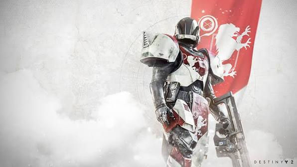 Alt text: A heavily armored Titan Guardian from Destiny 2 stands amid swirling white smoke, wearing white, black, and red armor marked with a lion crest. A red banner with matching heraldic imagery hangs behind them, creating a dramatic, noble battlefield portrait.