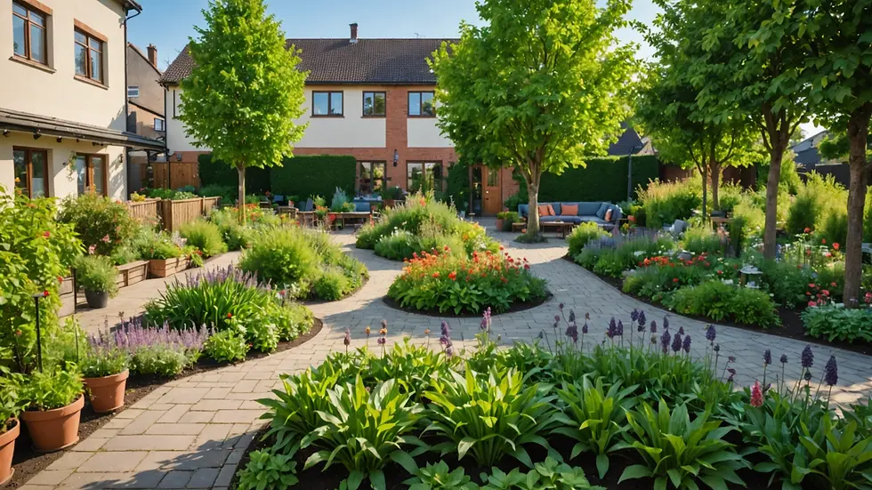 Wide angle view of a beautiful urban garden serving as a community hub