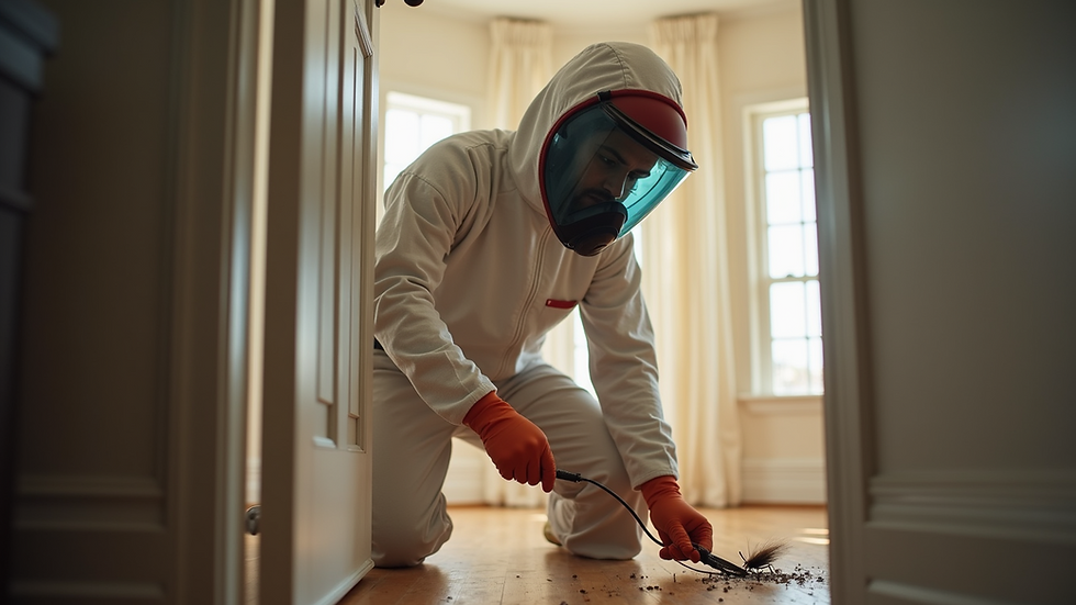 Eye-level view of a pest control technician inspecting a home for pests
