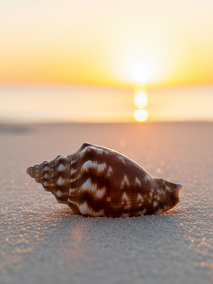 Nassarius sur plage de sable blanc au sunset par Linda Clarini créatrice de bijoux en coquillages shapés comme une planche de surf