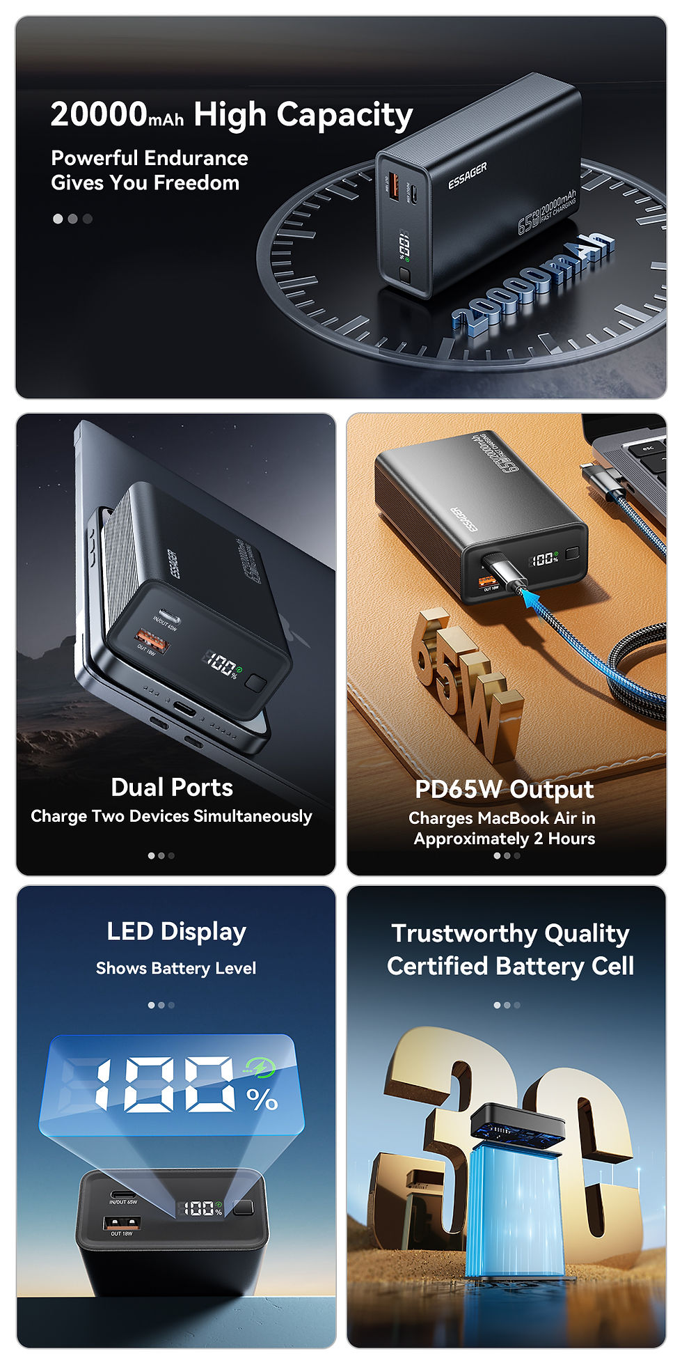 Thumbnail: Essager Power Bank 20000mAh Portable PD 65W Fast Charging  Mobile Phone External