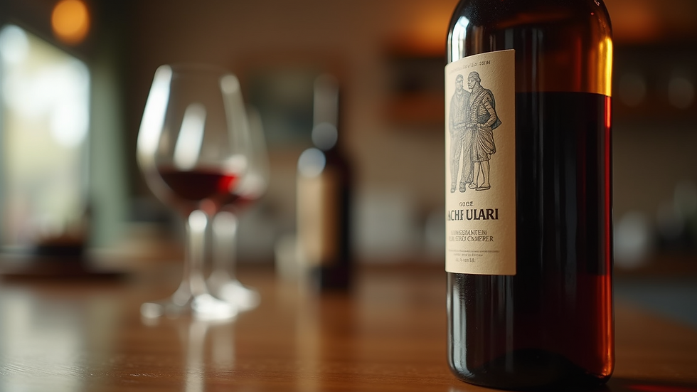 Close-up view of a wine bottle with a unique label