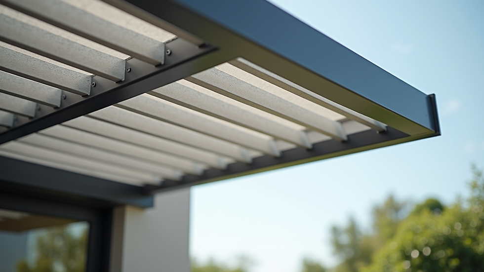 Close-up view of aluminium adjustable louvre slats on a modern patio cover