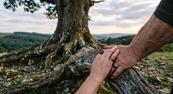 A close-up photograph of two hands, belonging to a younger and an older adult, resting clasped together on the large, weathered roots of a large tree in a grassy landscape. The tree's thick trunk is to the left, with the hands on roots to the right. The hands both wear rings. Beyond the tree, a panoramic view of rolling hills and forests is visible under a cloudy sky. The lighting is soft and natural.