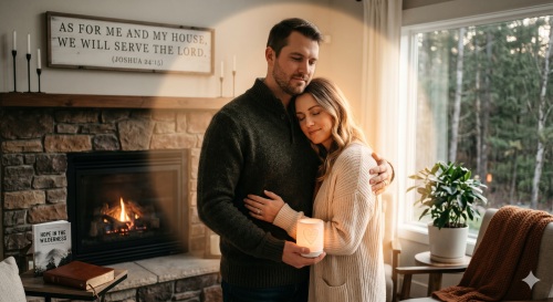 A Christian couple holding a glowing candle near a fireplace with a scripture sign on the wall, illustrating biblical headship, protective masculine strength, and a nurturing feminine atmosphere.