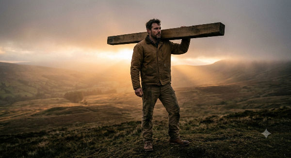 A cinematic photograph of a resolute man carrying a heavy timber beam across his shoulders on a mist-covered hill at sunrise, illustrating strength, duty, and responsibility.