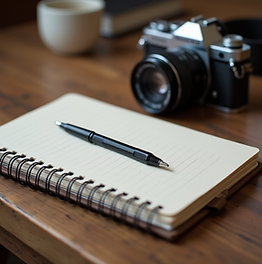 Notebook-and-camera-on-a-wooden-desk-captures-the-introspection-of-a-photographer-during-a