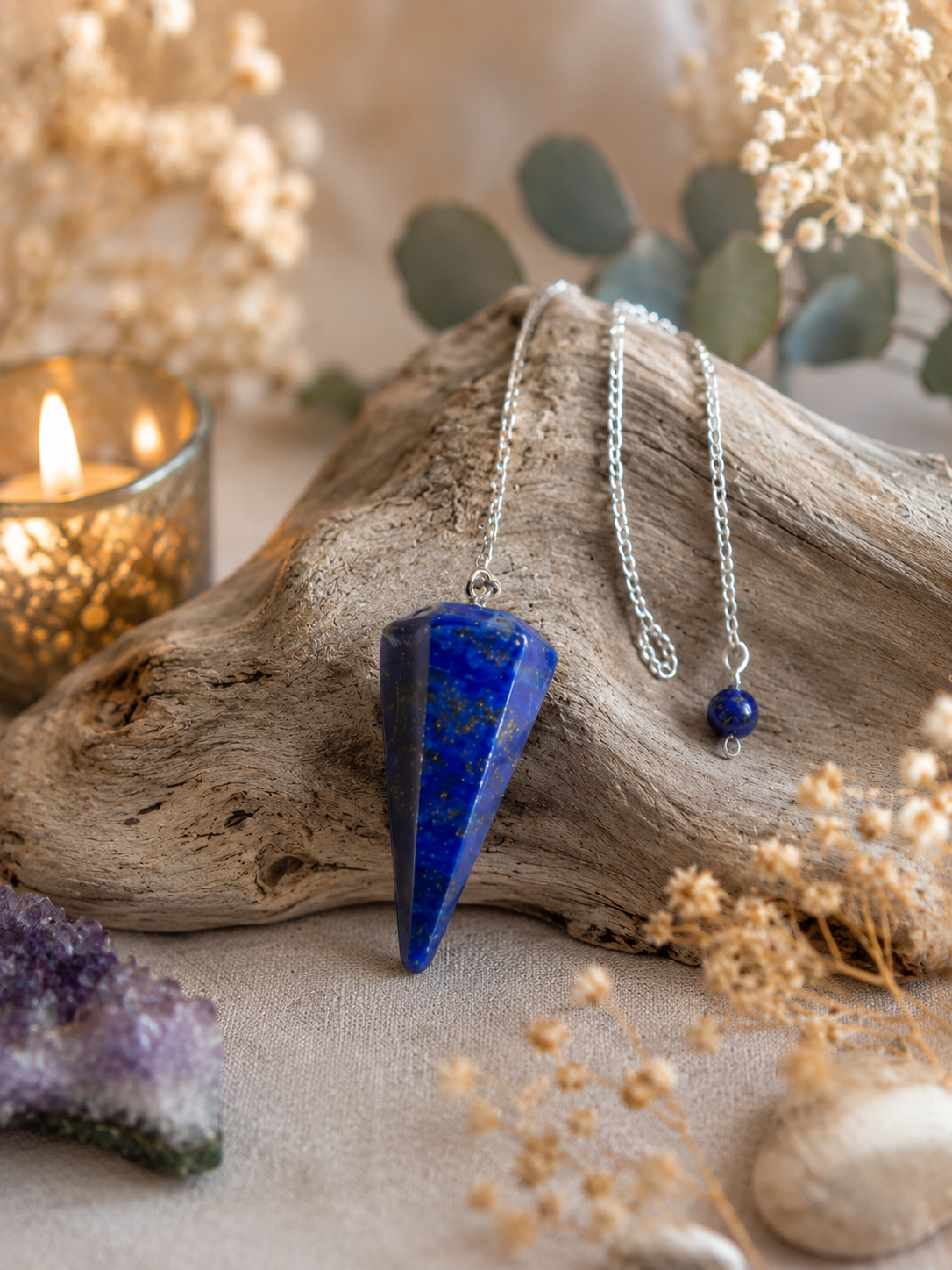 Pendule en Lapis-Lazuli sur bois, bougie et fleurs séchées