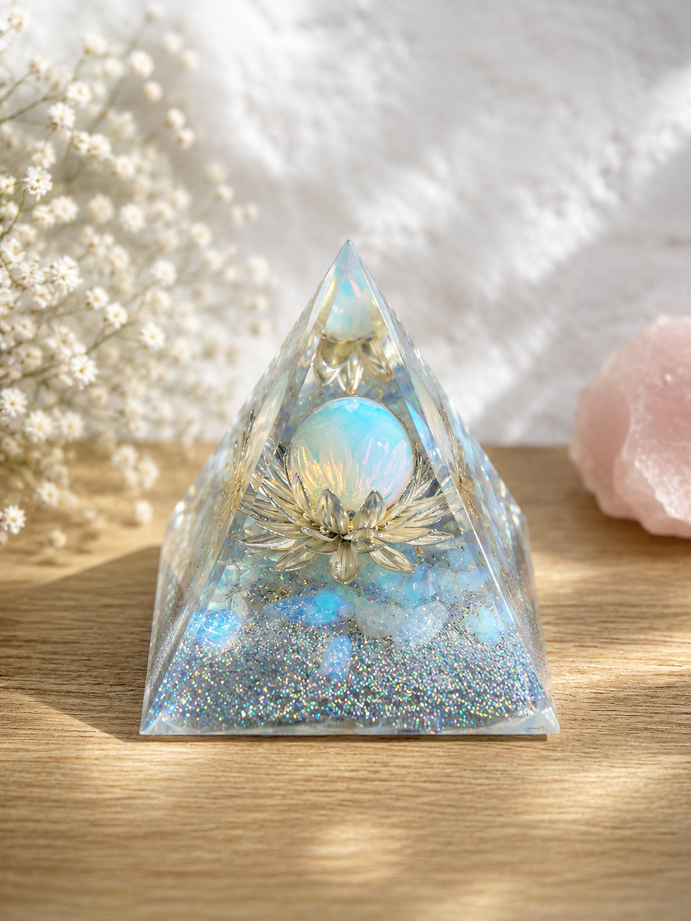 Pyramide Orgonite Opalite et Lotus Argenté