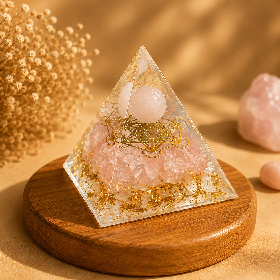 Miniature : Pyramide Orgonite quartz rose, sphère et géométrie dorée