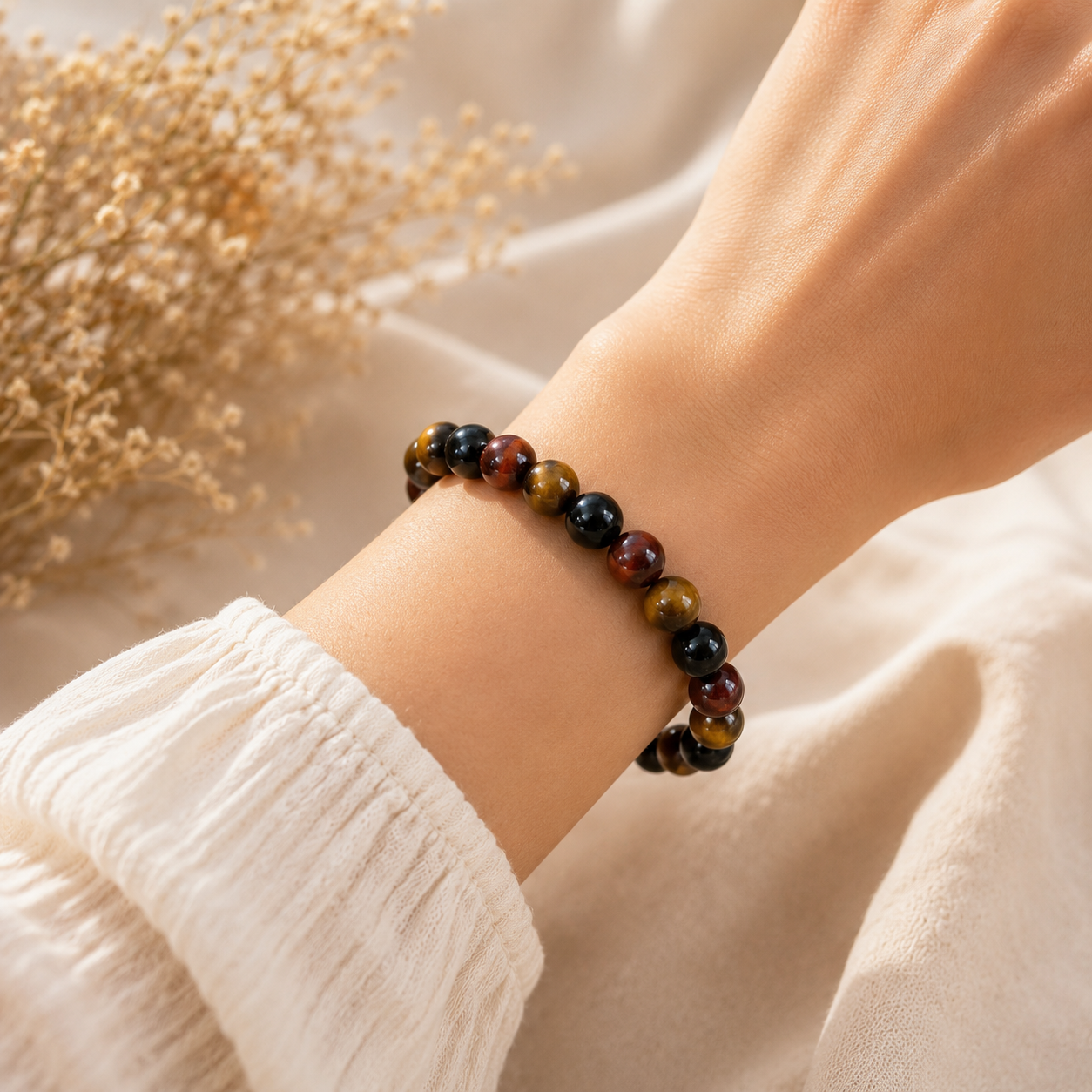 Bracelet Triple Œil de Tigre – Rouge, Doré & Bleu