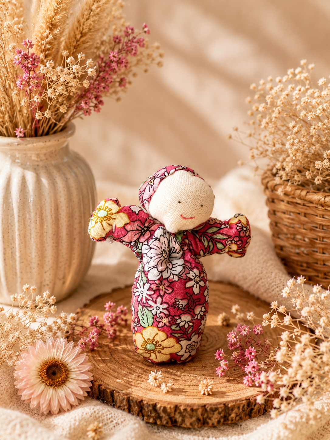 Poupée de soucis rose à motifs floraux