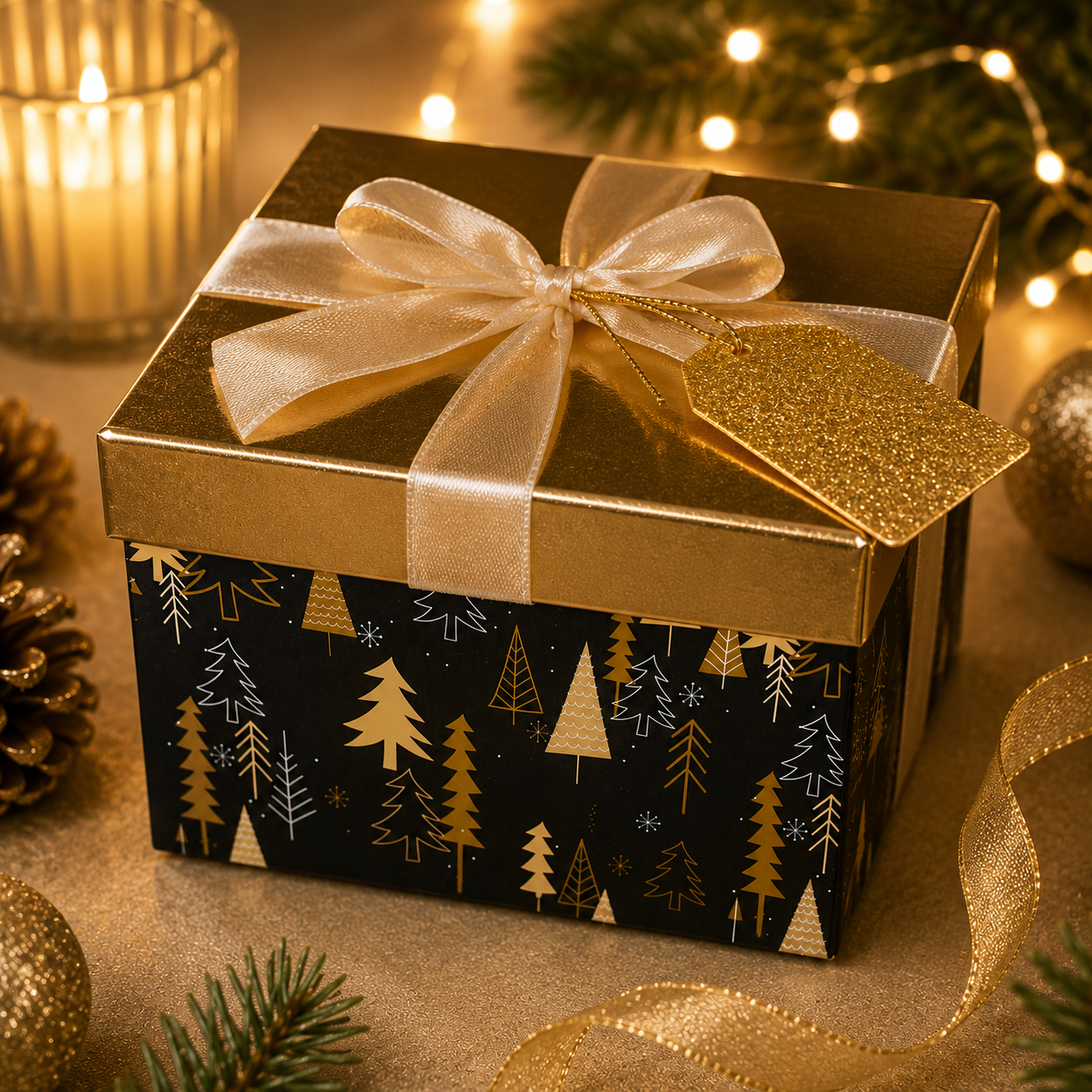 Coffret cadeau de Noël noir et doré avec ruban.