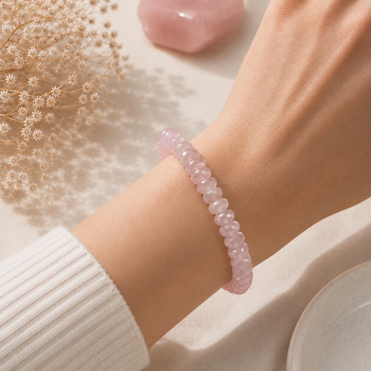 Bracelet Quartz Rose à facette au poignet