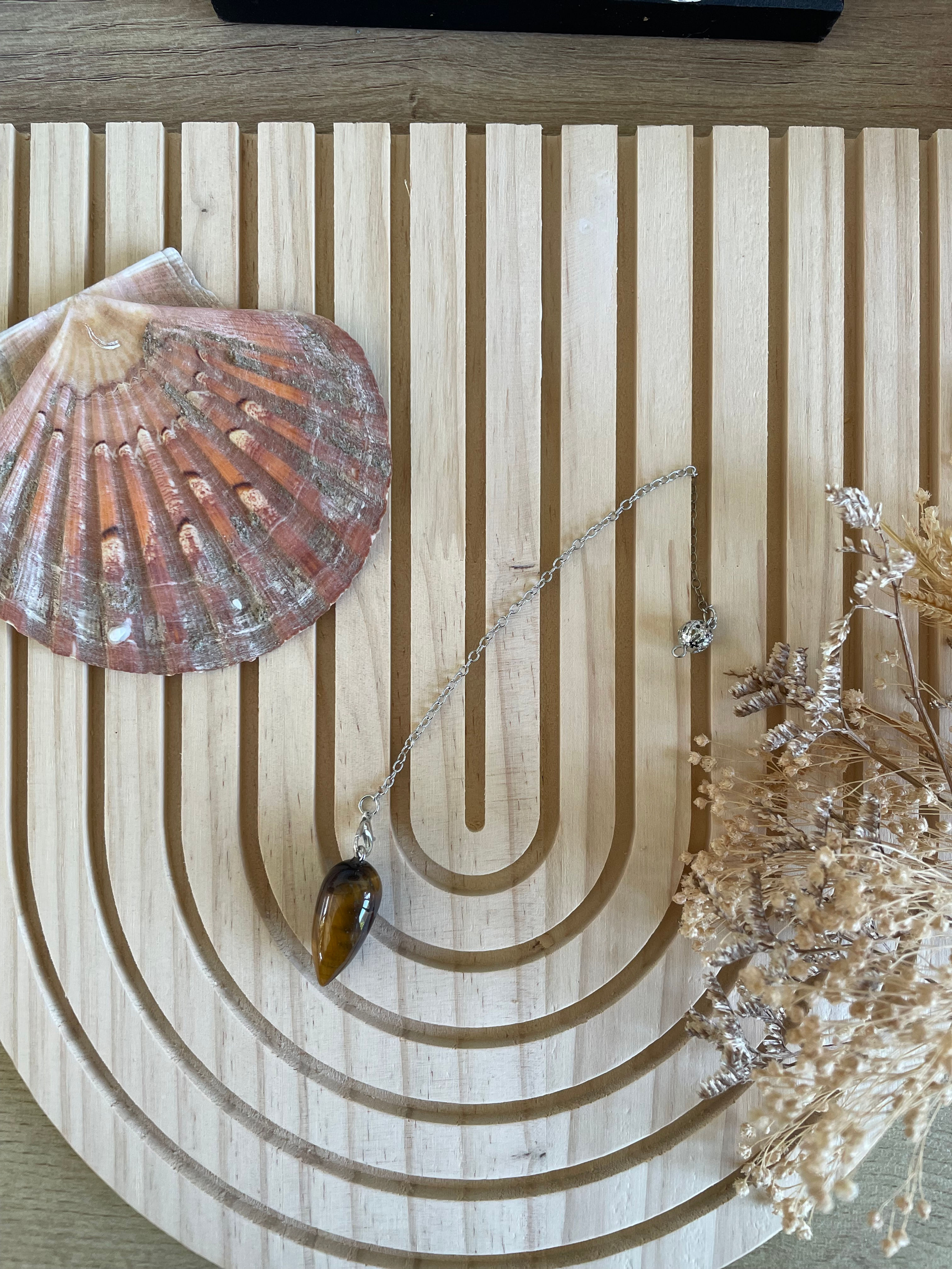 Coquillage, collier avec pendentif œil de tigre et un fond décoratif.