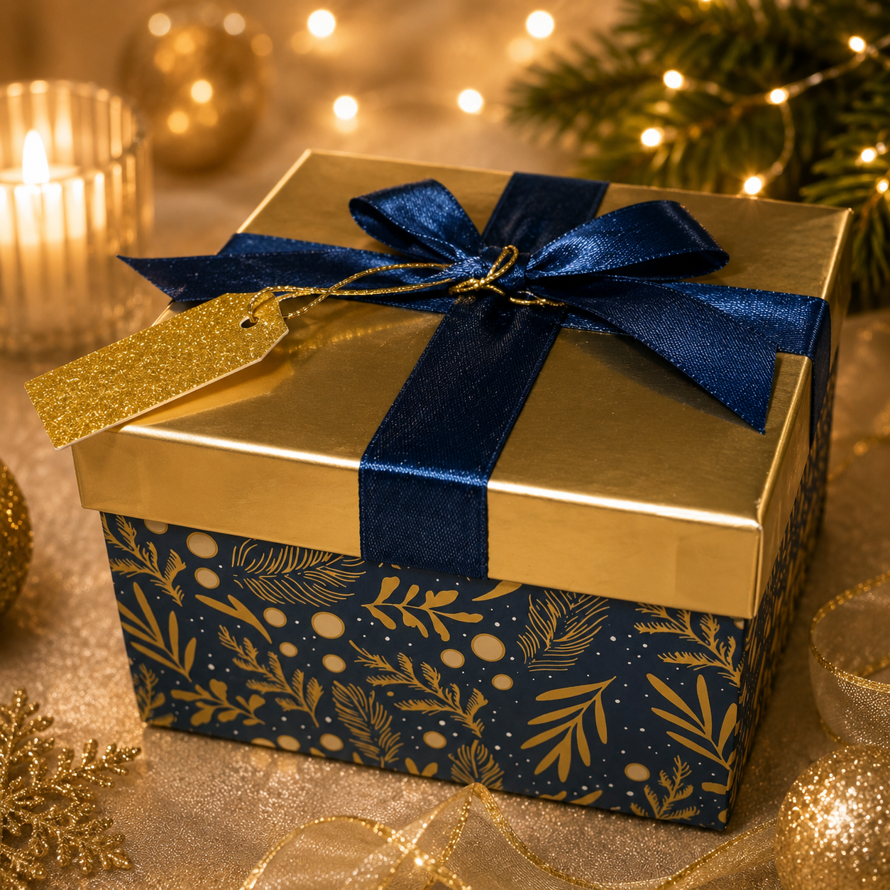 Coffret de Noël bleu et doré avec ruban