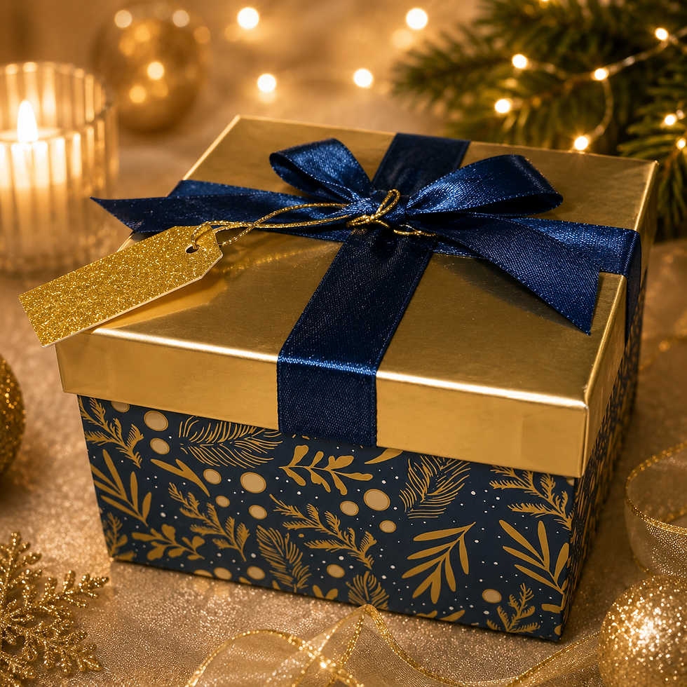 Coffret de Noël bleu et doré avec ruban