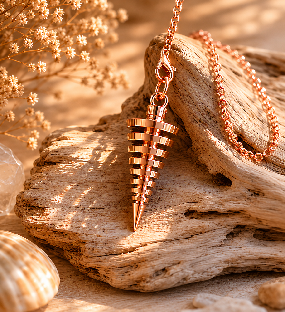 Pendule en Cuivre cône spirale sur bois flotté