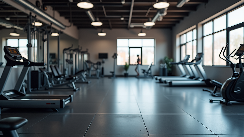 Wide angle view of a modern gym facility with various fitness equipment