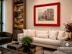 sala com quadro com moldrua vermelha